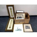 A box of nine assorted framed pictures, black and white photographs,