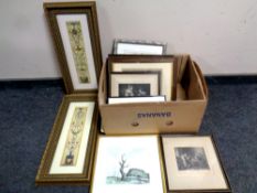 A box of nine assorted framed pictures, black and white photographs,