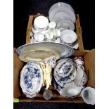 Two boxes of 19th century blue and white dinner ware, commemorative mugs,