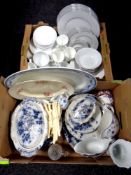 Two boxes of 19th century blue and white dinner ware, commemorative mugs,