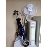 A Dimplex oil filled radiator together with a walking aid and floor standing fan