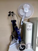 A Dimplex oil filled radiator together with a walking aid and floor standing fan