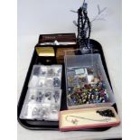 A tray of costume and silver jewellery, jewellery stand,