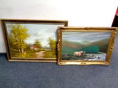 An oil on canvas - Highland cattle in rural landscape, signed Vince,