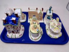 A tray of six Coalport china ornaments, The Bell Tower, Water Mill,