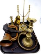 A tray of metal items including three piece companion set on stand, clock movement, candlesticks,