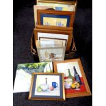 A box of framed and unframed watercolours, oil paintings by V Davie.