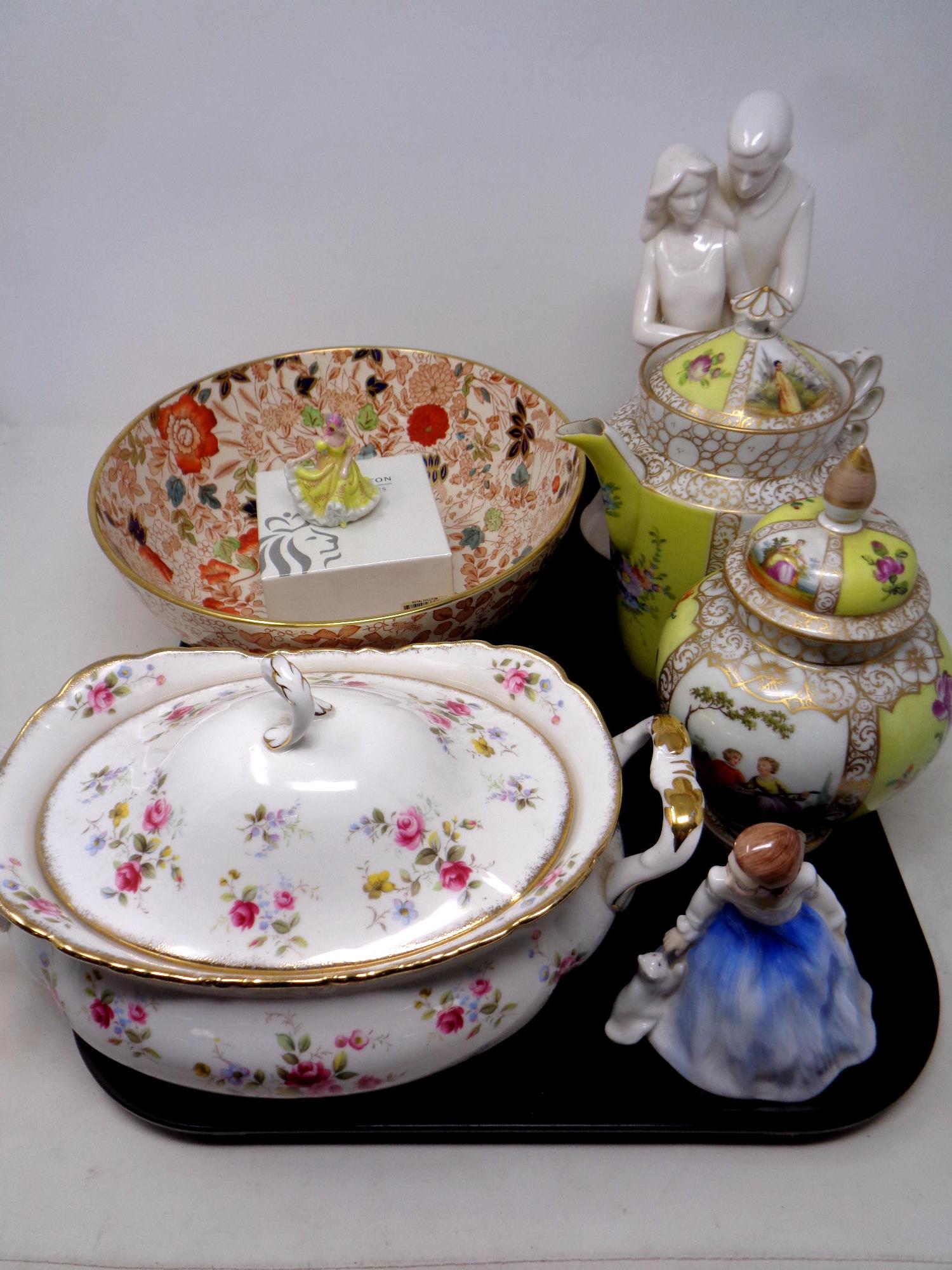 A tray of ceramics, Masons bowl, Royal Doulton figure of Andrea,