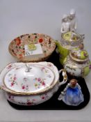 A tray of ceramics, Masons bowl, Royal Doulton figure of Andrea,