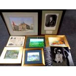 A box of nine assorted pictures and prints, Eastern panels, colour map of Durham, Watercolours,