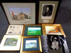 A box of nine assorted pictures and prints, Eastern panels, colour map of Durham, Watercolours,