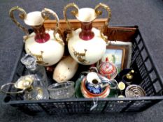 A box of pair of twin handled vases, Japanese tea set, jelly mould,