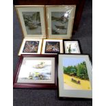 Seven framed eastern pictures to include needlework panels depicting river scenes etc