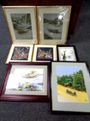 Seven framed eastern pictures to include needlework panels depicting river scenes etc