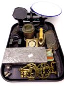 A tray of assorted metal ware, kitchen scales with weights, white metal trinket box, horse brasses,