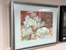 Ella Neustein, Succulent and china cup, watercolour, 38cm by 28cm, signed lower right.