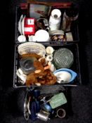Three crates of cutlery canteen, soft toys, glass ware, tea ware,
