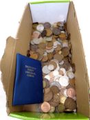 A box of decimal and pre decimal coins, Georgian and Victorian pennies, half pennies, crowns,