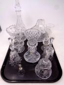 A tray of cut glass lead crystal, decanter, vases, hand bells,