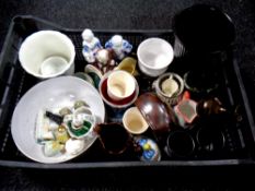 A crate of ceramics including copper lustre jug, figures,