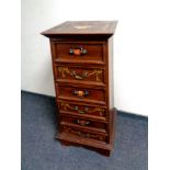 An Eastern mahogany square tapered six drawer chest with hand painted decoration