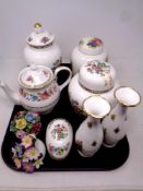 A tray of ceramics, pair of Royal Albert vases, Coalport Ming rose lidded vase, ginger jar,