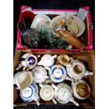 Two boxes of antique and later teapots, Ringtons and Maling, kitchen dishes, glass,
