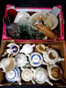 Two boxes of antique and later teapots, Ringtons and Maling, kitchen dishes, glass,