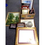 A box of framed pictures and prints, Coca Cola advertising mirror,