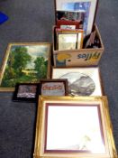 A box of framed pictures and prints, Coca Cola advertising mirror,