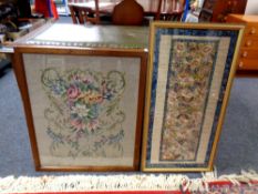 A needlework silk panel in gilt frame together with a tapestry in frame