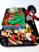 A tray of toys, wooden puppet - Pinnochio, plastic Disney figures,