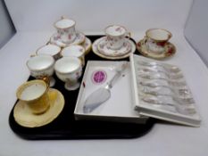 A tray of china, Shelley tea cup and saucer, Royal Albert tea cup and saucer,