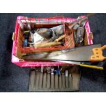 A box of vintage and later hand tools, Stanley plane, saws,