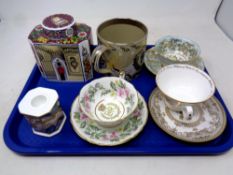 A tray of ceramics, Royal Worcester, tea caddy, Royal Doulton millennium candlestick,