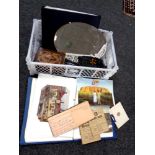 A crate of two files containing assorted postcards, vintage beaded purse, autograph album,