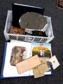 A crate of two files containing assorted postcards, vintage beaded purse, autograph album,