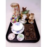 A tray of ceramics, Robert Olley plaque, boxed Wade pipe rest, Coalport twin handled cup and saucer,