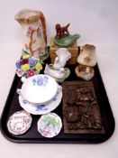 A tray of ceramics, Robert Olley plaque, boxed Wade pipe rest, Coalport twin handled cup and saucer,