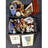 Two crates of Southern Comfort mirror, framed pictures, ornaments, tankards,