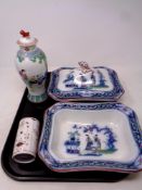 A tray of Chinese porcelain lidded vase, brush pot,