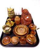 A tray of carved Buddha figure, treen pieces, brass ware, letter rack,