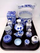 A tray of blue and white Chinese style ceramics