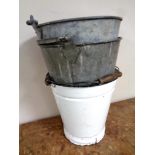 Two galvanised buckets and a further enamelled bucket