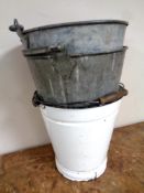 Two galvanised buckets and a further enamelled bucket