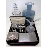 A tray of assorted glass ware, crystal owl figure, Captain's day decanter,