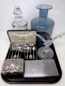 A tray of assorted glass ware, crystal owl figure, Captain's day decanter,