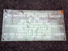 A 20th century brass wall plaque to commemorate The Opening of The Sports Pavilion dated 1961
