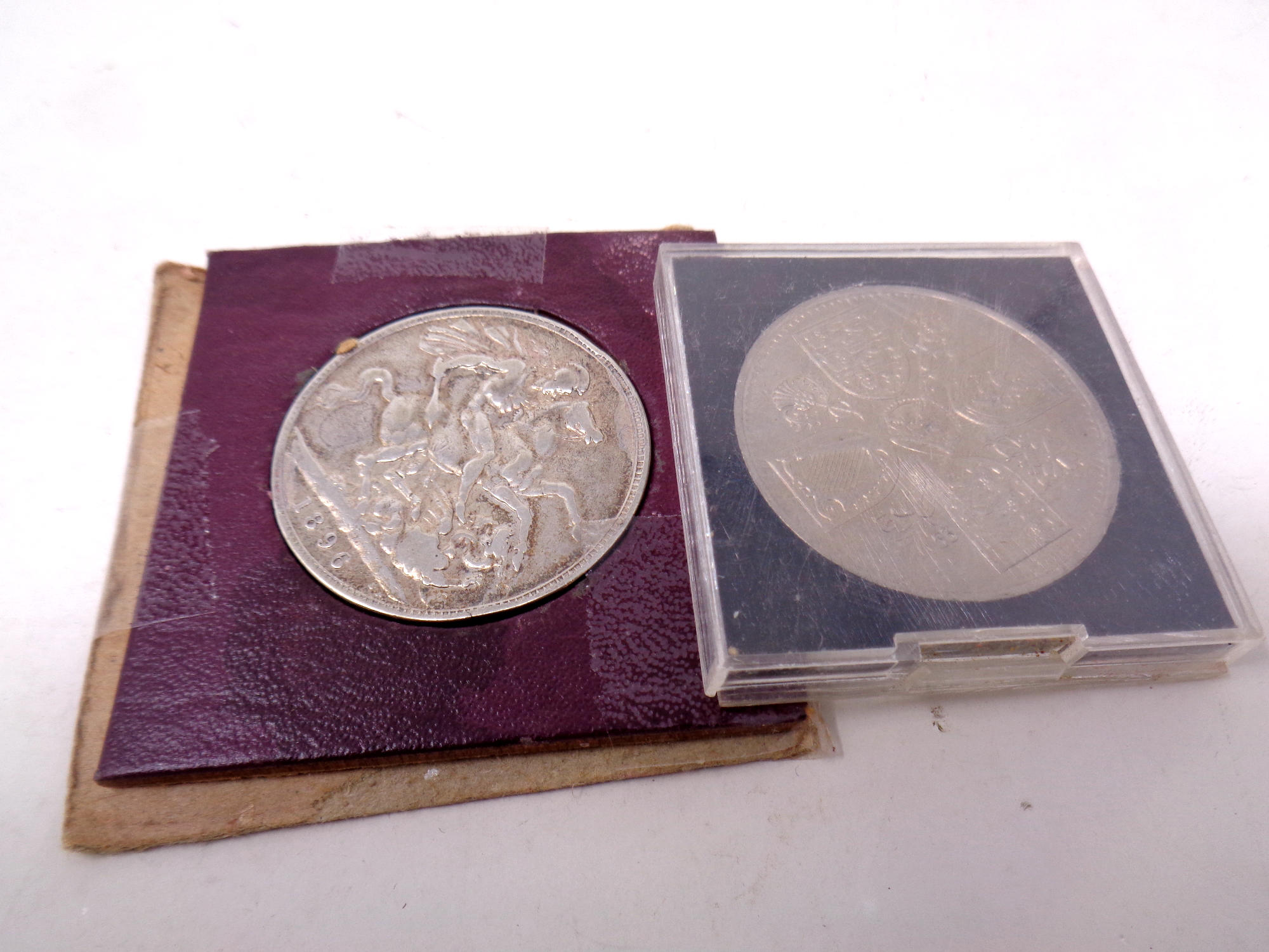 An 1896 silver crown and a five shilling piece