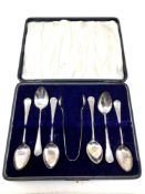 A set of six cased silver teaspoons and tongs, Birmingham marks CONDITION REPORT: 58.